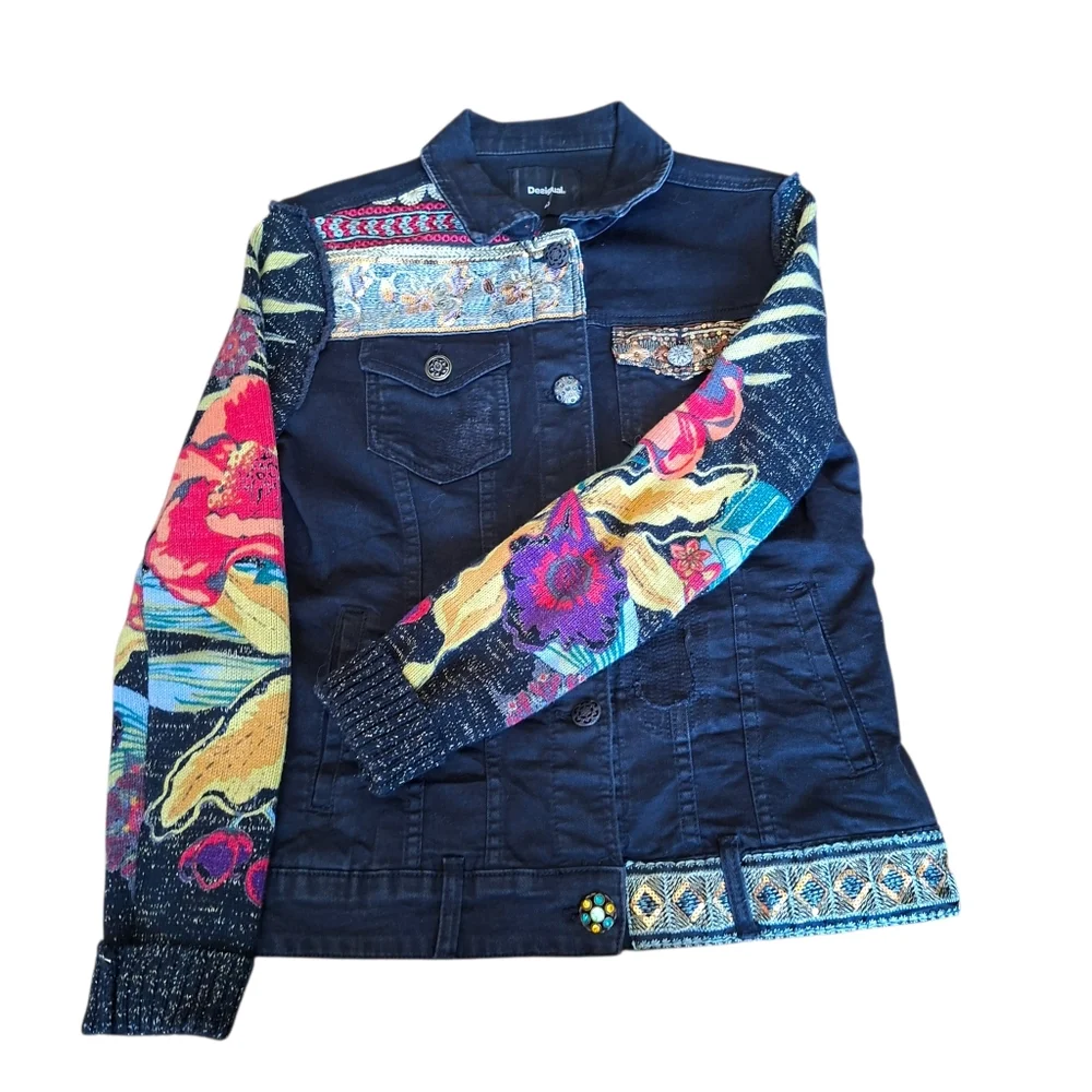 Desigual Jean Jacket With Crochet Knit Overlay Bimaterial Boho Embellished Denim - Picture 2 of 11